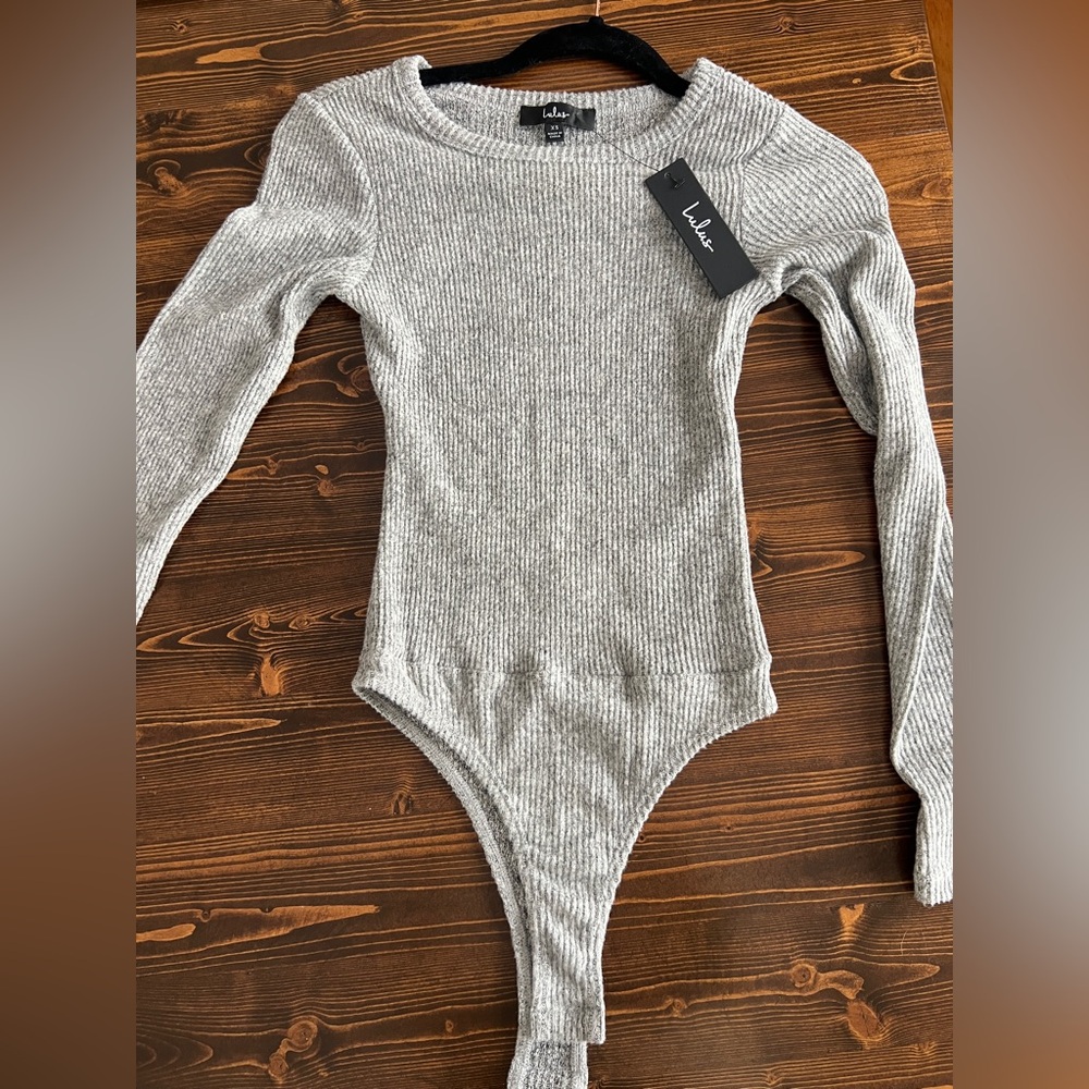 LULUS gray sweater open back body suit. NEW with TAGS
